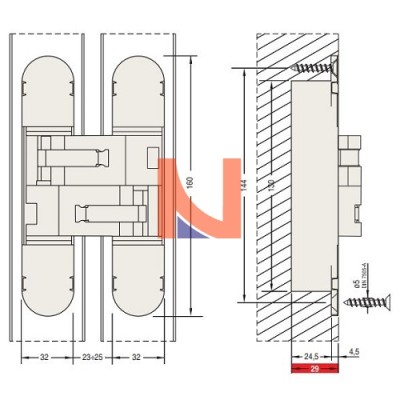 CERNIERA INVISIBILE A SCOMPARSA PER PORTE, 160X32 MM, PORTATA 120-140 KG, FINITURA OTTONATO
