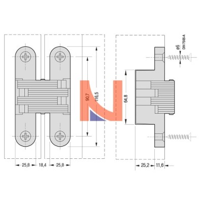 CERNIERA INVISIBILE A SCOMPARSA PER PORTE, 116.5X25.8 MM, PORTATA 50-70 KG, FINITURA NICHELATO