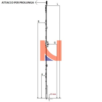 CREMONESE AD INVERSIONE GU PER SERRAMENTI A 2 ANTE, ENTRATA 15 MM, ALTEZZA HBB 1851-3100 MM, MANIGLIA 980 MM, ARGENTO