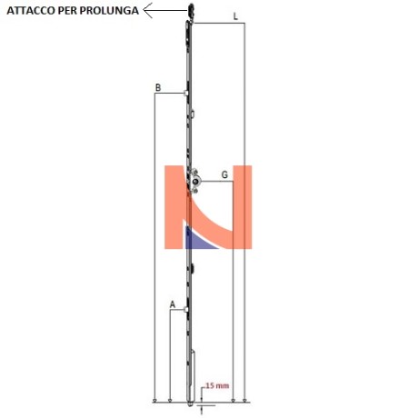 CREMONESE AD INVERSIONE GU PER SERRAMENTI A 2 ANTE, ENTRATA 15 MM, ALTEZZA HBB 1851-3100 MM, MANIGLIA 980 MM, ARGENTO