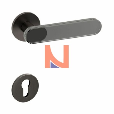MANIGLIA PER PORTA INTERNA AQUA, ROSETTA E BOCCHETTA BASSA TONDA, FORO YALE, SUPERANTRACITE SATINATO E VETRO FUME’