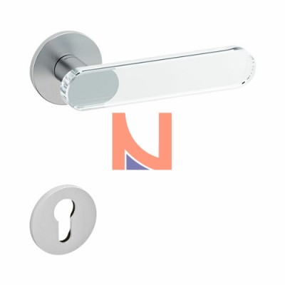 MANIGLIA PER PORTA INTERNA AQUA, ROSETTA E BOCCHETTA BASSA TONDA, FORO YALE, CROMO SATINATO E VETRO TRASPARENTE