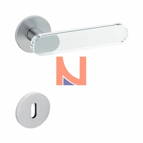 MANIGLIA PER PORTA INTERNA AQUA, ROSETTA E BOCCHETTA BASSA TONDA, FORO PATENT, CROMO SATINATO E VETRO TRASPARENTE