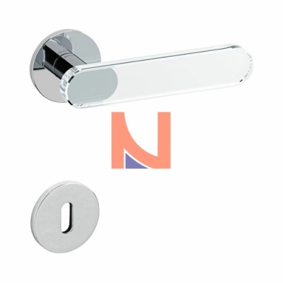 MANIGLIA PER PORTA INTERNA AQUA, ROSETTA E BOCCHETTA BASSA TONDA, FORO PATENT, CROMO LUCIDO E VETRO TRASPARENTE