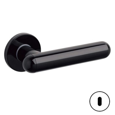 MANIGLIA PER PORTA INTERNA SERIE BOMA CON ROSETTA E BOCCHETTA TONDA FORO CHIAVE PATENT – NERO