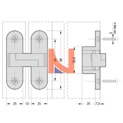 CERNIERA INVISIBILE A SCOMPARSA PER PORTE, 89X25 MM, PORTATA 40-60 KG, FINITURA INOX