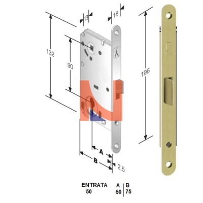 Serratura meccanica B-Split mod.P69 colore Ottone Lucido -versione cilindro- art. 48P690501E