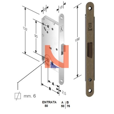 Serratura meccanica B-Split mod.P61 colore Bronzo -versione bagno- art. 48P61050+E