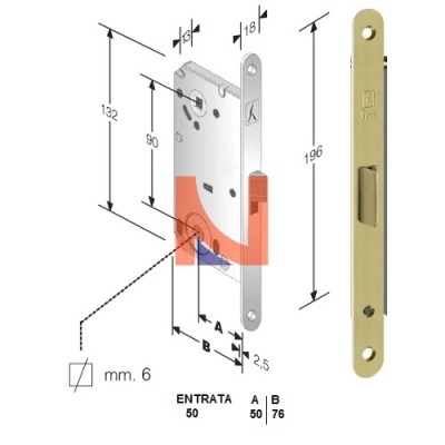 Serratura meccanica B-Split mod.P61 colore Ottone Lucido -versione bagno- art. 48P610501E