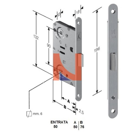 Serratura meccanica B-Bitter mod.T61 colore Cromo Satinato -bagno-  art. 48T610508E