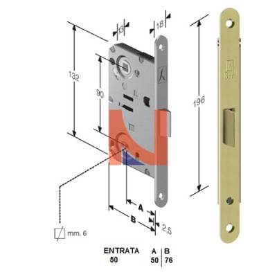 Serratura meccanica B-Bitter mod.T61 colore Ottone Lucido -bagno-  art. 48T610501E
