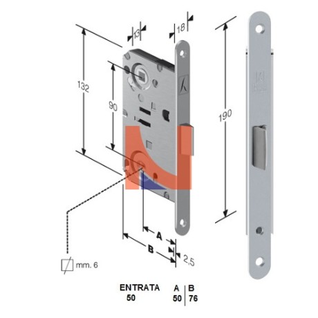 Serratura meccanica B-Bitter mod.T51 colore Cromo Lucido -bagno-    art. 48T51050CE