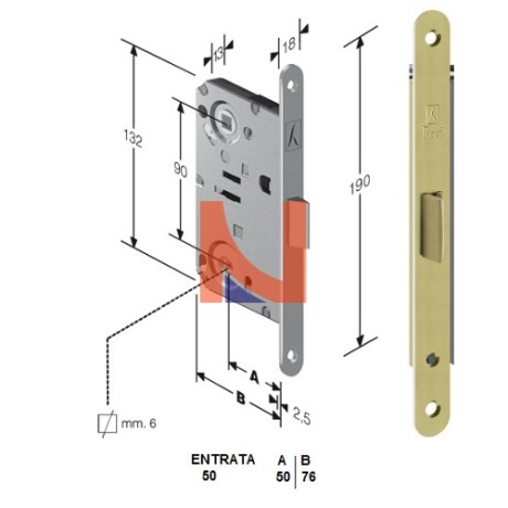 Serratura meccanica B-Bitter mod.T51 colore Ottone Lucido -bagno-  art. 48T510501E