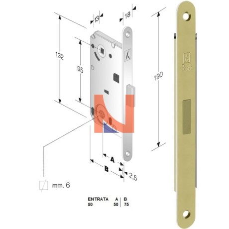 Serratura magnetica B-forty mod.N62 colore Ottone Lucido. art. 48N620501E