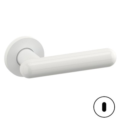 MANIGLIA PER PORTA INTERNA SERIE BOMA CON ROSETTA E BOCCHETTA TONDA FORO CHIAVE PATENT – BIANCO