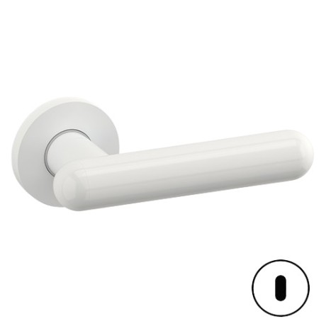 MANIGLIA PER PORTA INTERNA SERIE BOMA CON ROSETTA E BOCCHETTA TONDA FORO CHIAVE PATENT – BIANCO