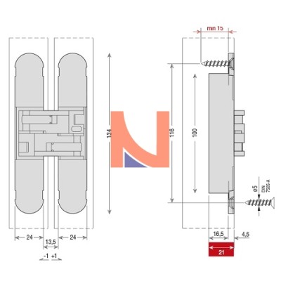 CERNIERA INVISIBILE A SCOMPARSA PER PORTE, REGOLABILE 3D, 134X24 MM, PORTATA 40-60 KG, FINITURA OTTONATO