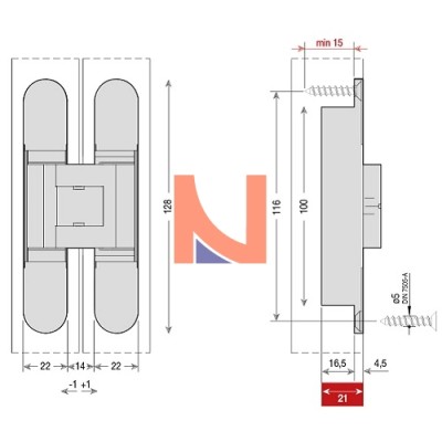CERNIERA INVISIBILE A SCOMPARSA PER PORTE, REGOLABILE 3D, 128X22 MM, PORTATA 50-65 KG, FINITURA ARGENTO